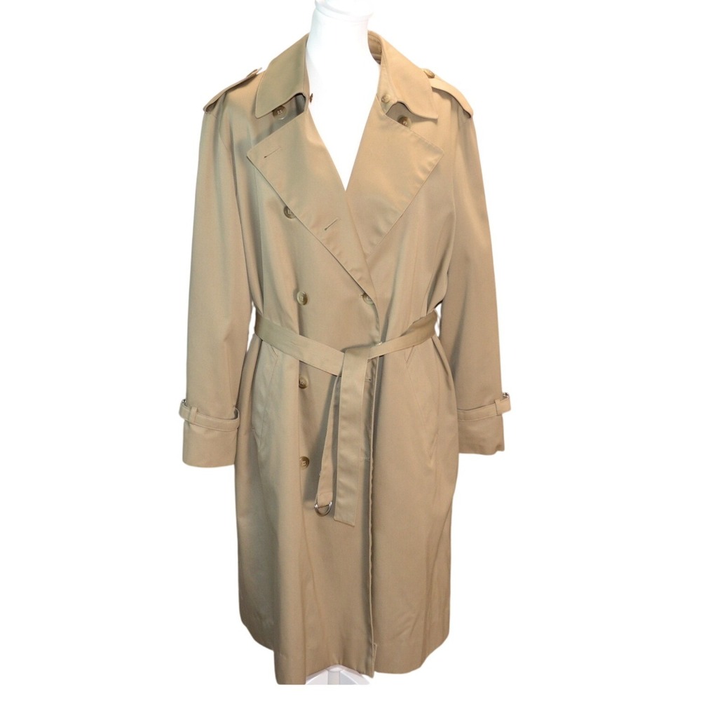 London Towne Double Breasted Trench Coat Work Warm Khaki Plaid Lined Belted Lโ